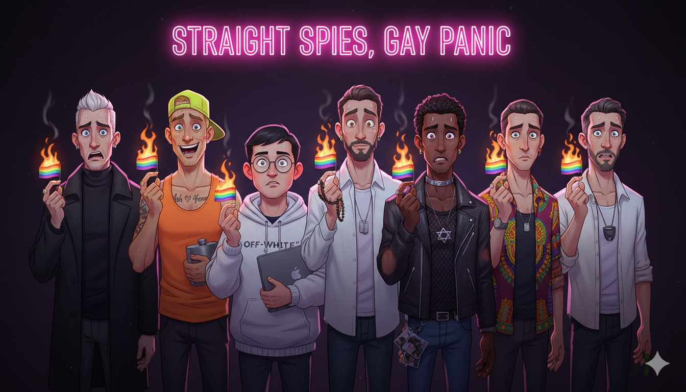 Cover art for STRAIGHT SPIES, GAY PANIC, a parody scenario on AI Dungeon