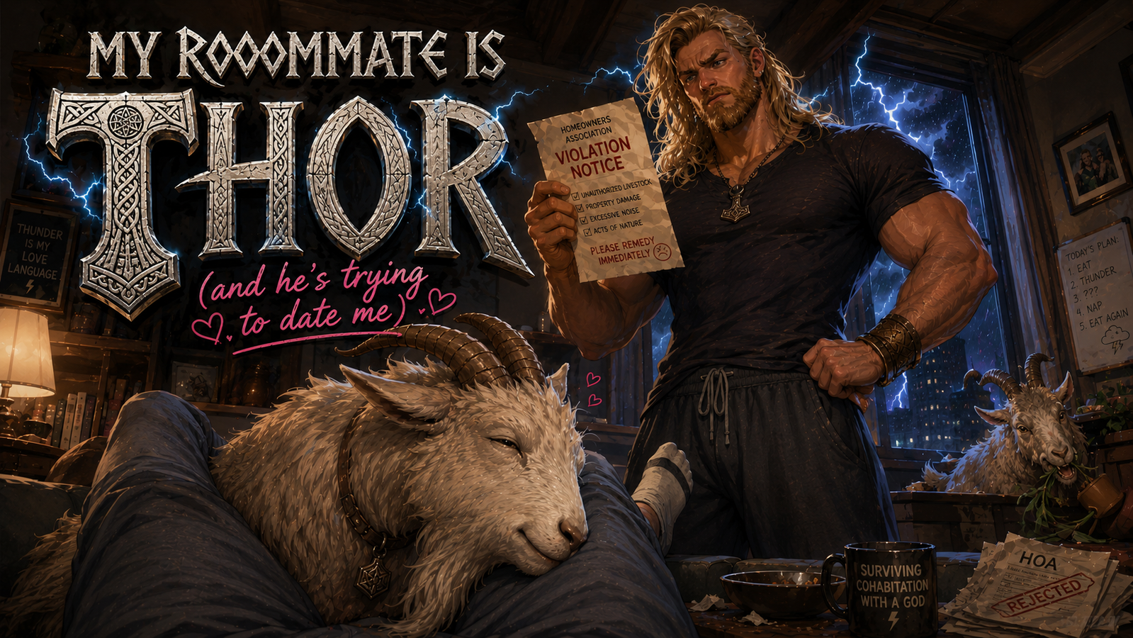 Cover art for My Roommate is Thor (and he's trying to date me), a roommate scenario on AI Dungeon