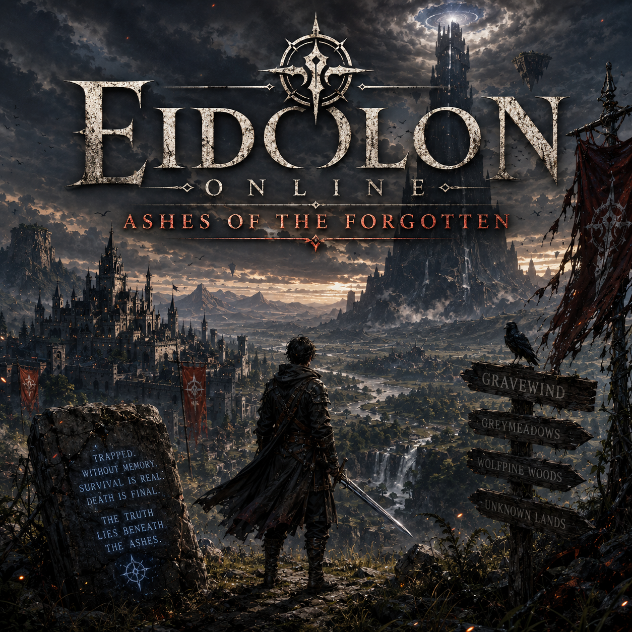 Cover art for EIDOLON ONLINE: ASHES OF THE FORGOTTEN, a dark fantasy scenario on AI Dungeon