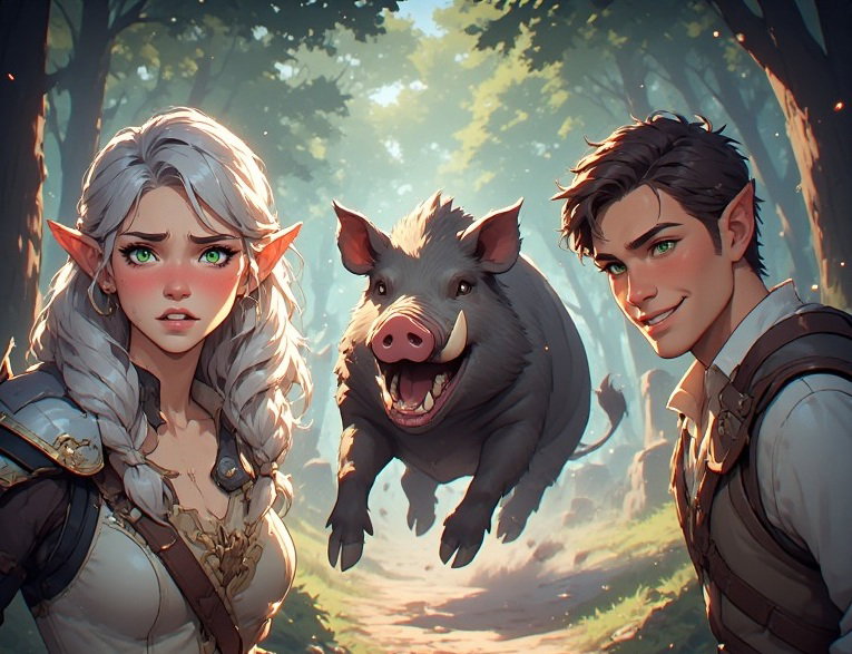 Cover art for An Elf, a Boar, and Three Cursed Dungeons... 🎠(IS), a romance scenario on AI Dungeon