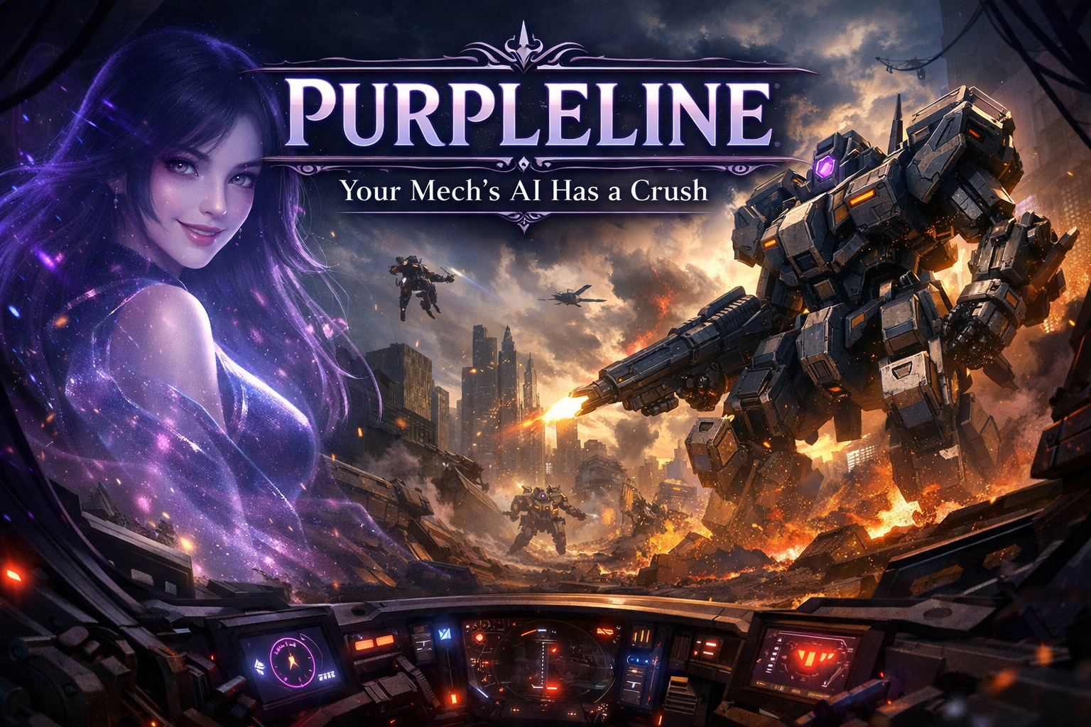 Cover art for PURPLELINE: Your Mech’s AI Has a Crush, a mech scenario on AI Dungeon