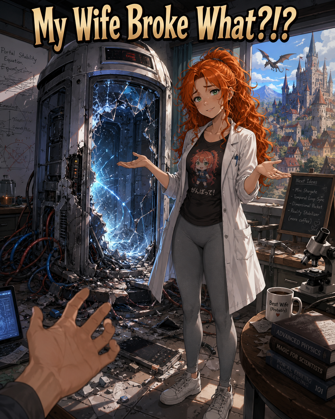 Cover art for My wife broke what?!?, a modern to fantasy scenario on AI Dungeon