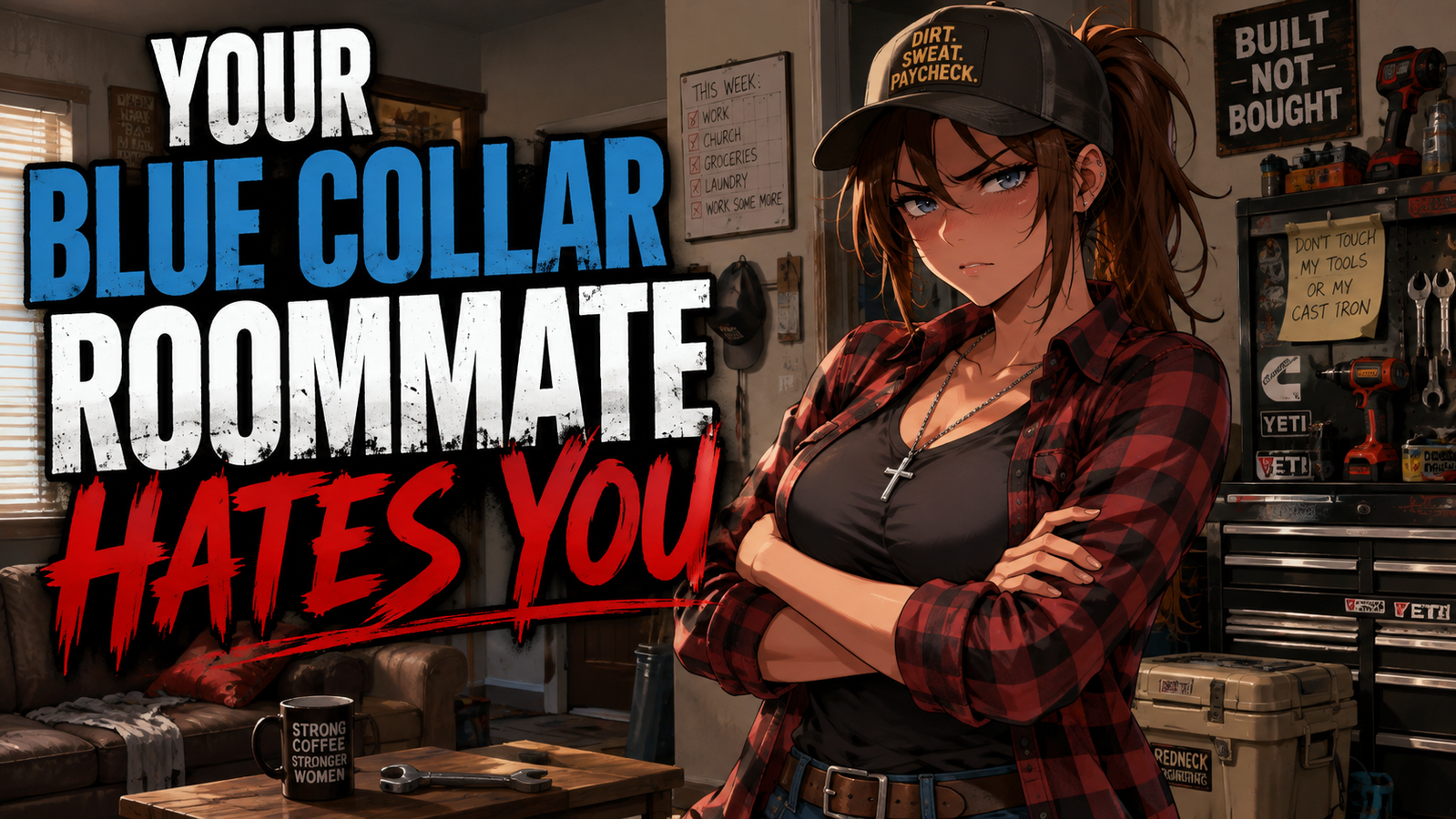 Cover art for Your Blue Collar Roommate Hates You, a tomboy scenario on AI Dungeon