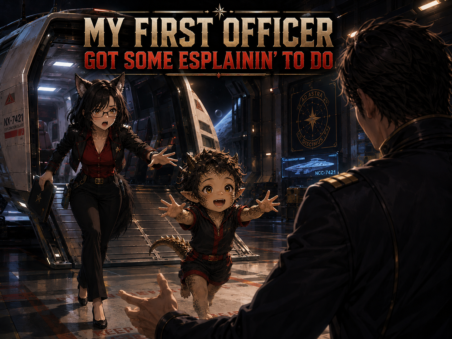 Cover art for My First Officer got some esplainin' to do, a betrayalfree scenario on AI Dungeon