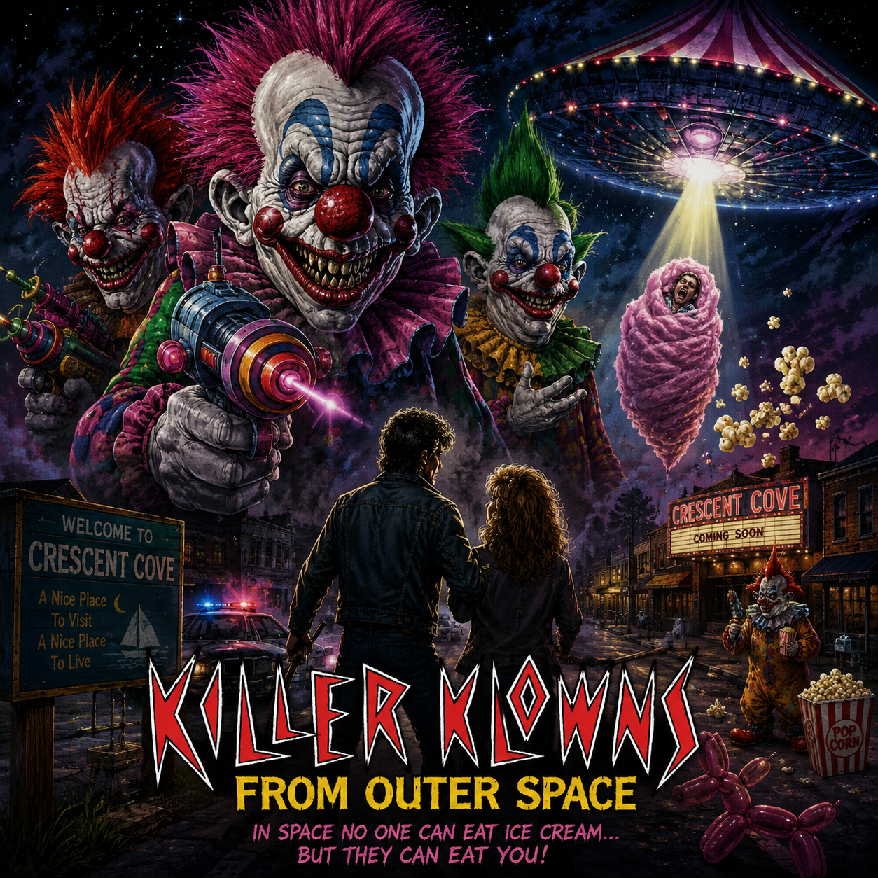 Cover art for Killer Klowns From Outer Space: Crescent Cove Carnage, a horror scenario on AI Dungeon
