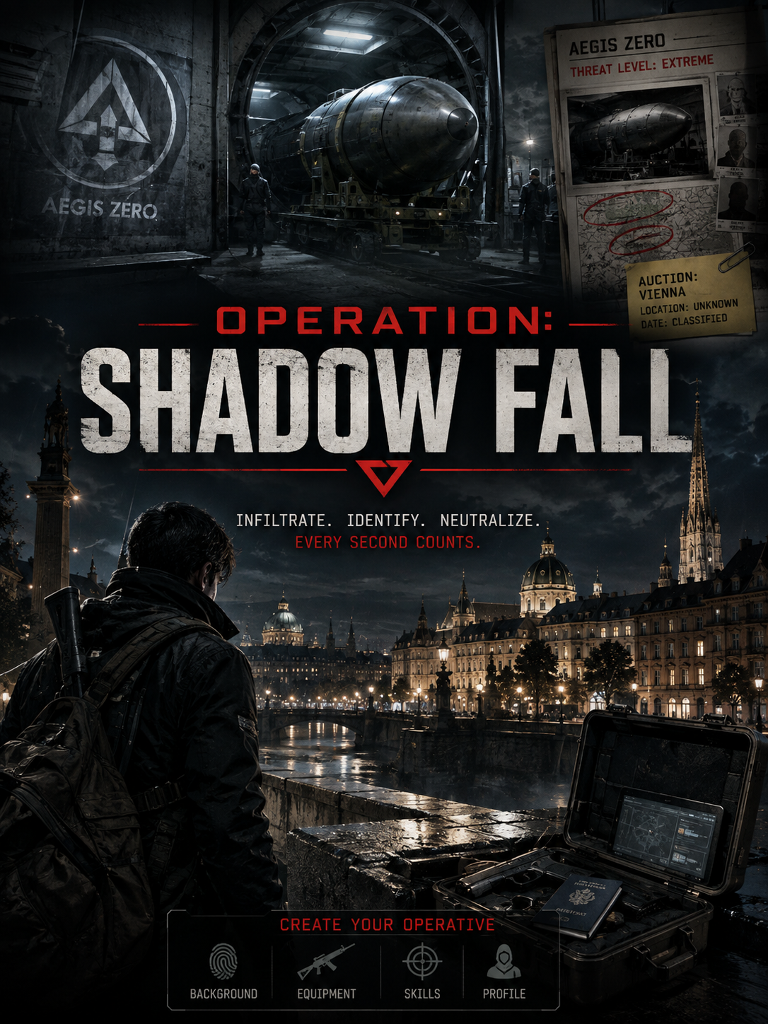 Cover art for OPERATION: SHADOW FALL, a spy scenario on AI Dungeon