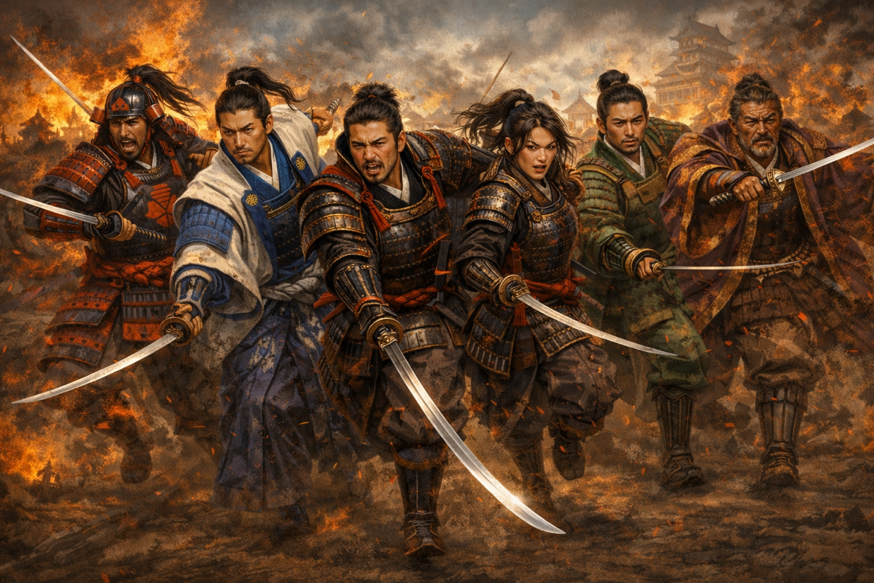 Cover art for feudal japan Sengoku period, a samurai scenario on AI Dungeon