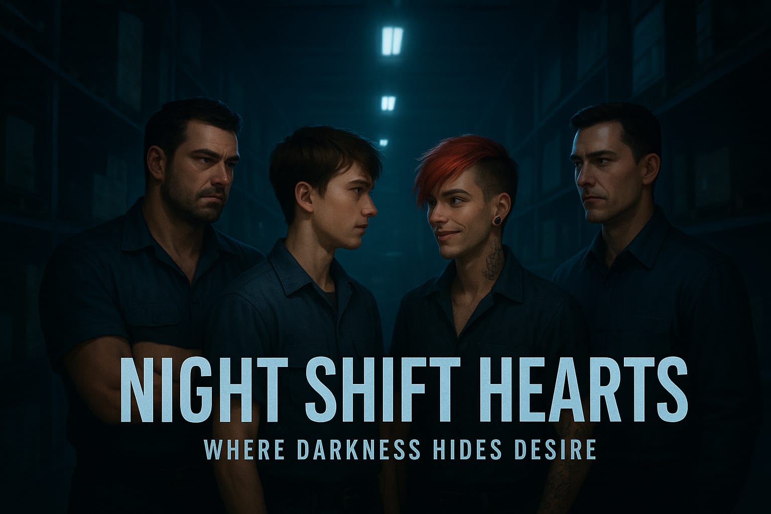 Cover art for Night Shift Hearts: Where darkness hides desire., a yaoi scenario on AI Dungeon