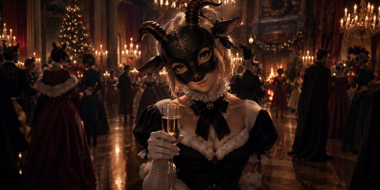 Cover art for The Masquerade of Christmas Eve, a masquerade scenario on AI Dungeon