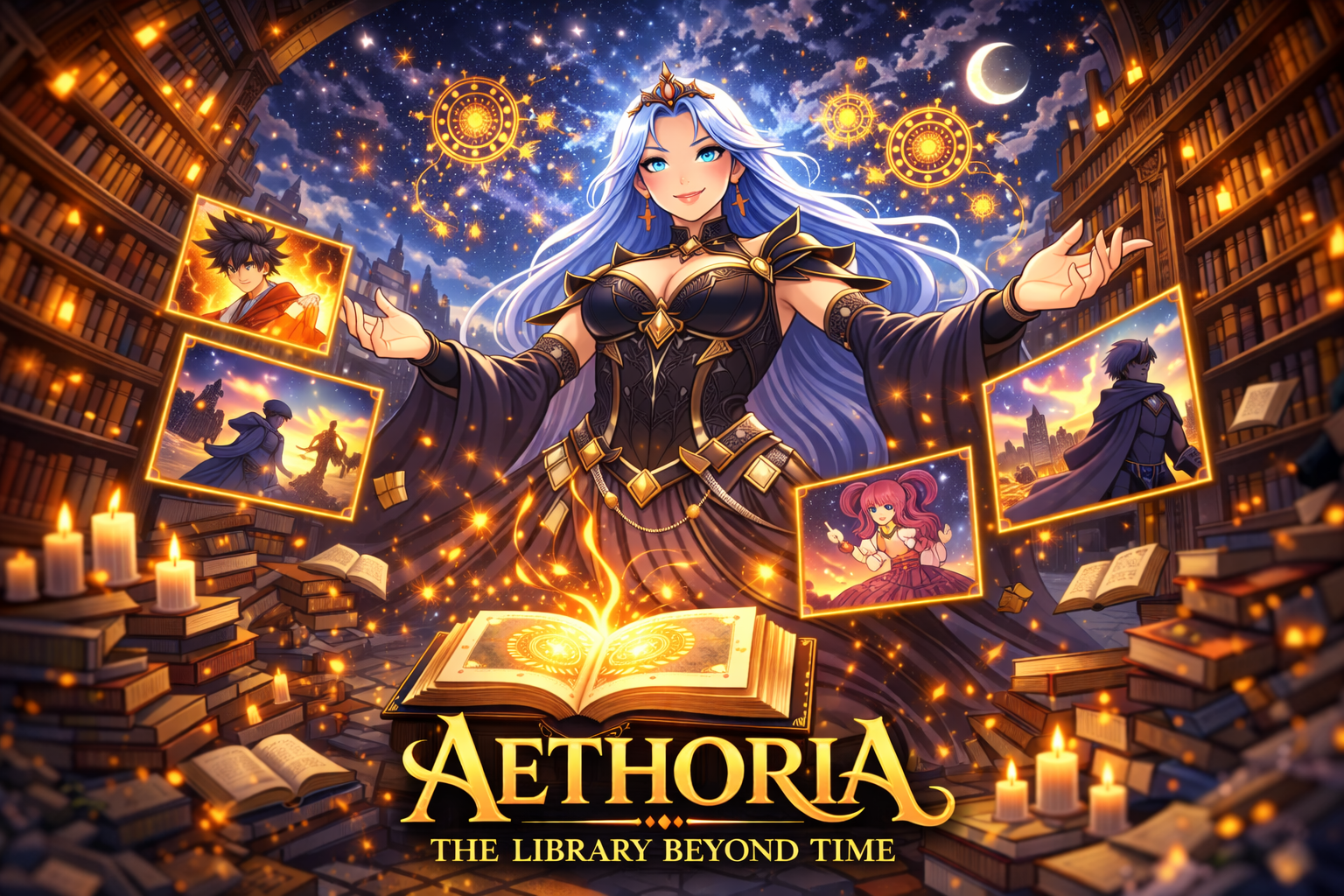 Cover art for The Library Named Aethoria, a fantasy world on Voyage
