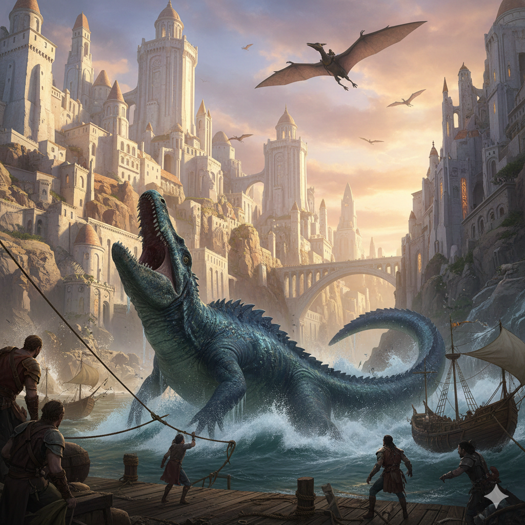 Cover art for Saurian Bonds: Echoes of Aethelgard, a dinosaur scenario on AI Dungeon