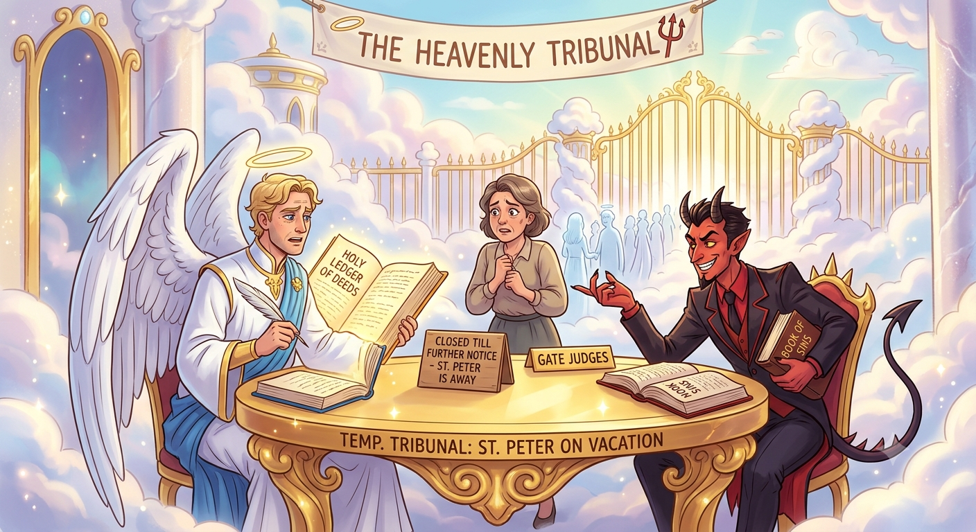 Cover art for The Heavenly Tribunal (St. Peter's Vacation), a comedy scenario on AI Dungeon