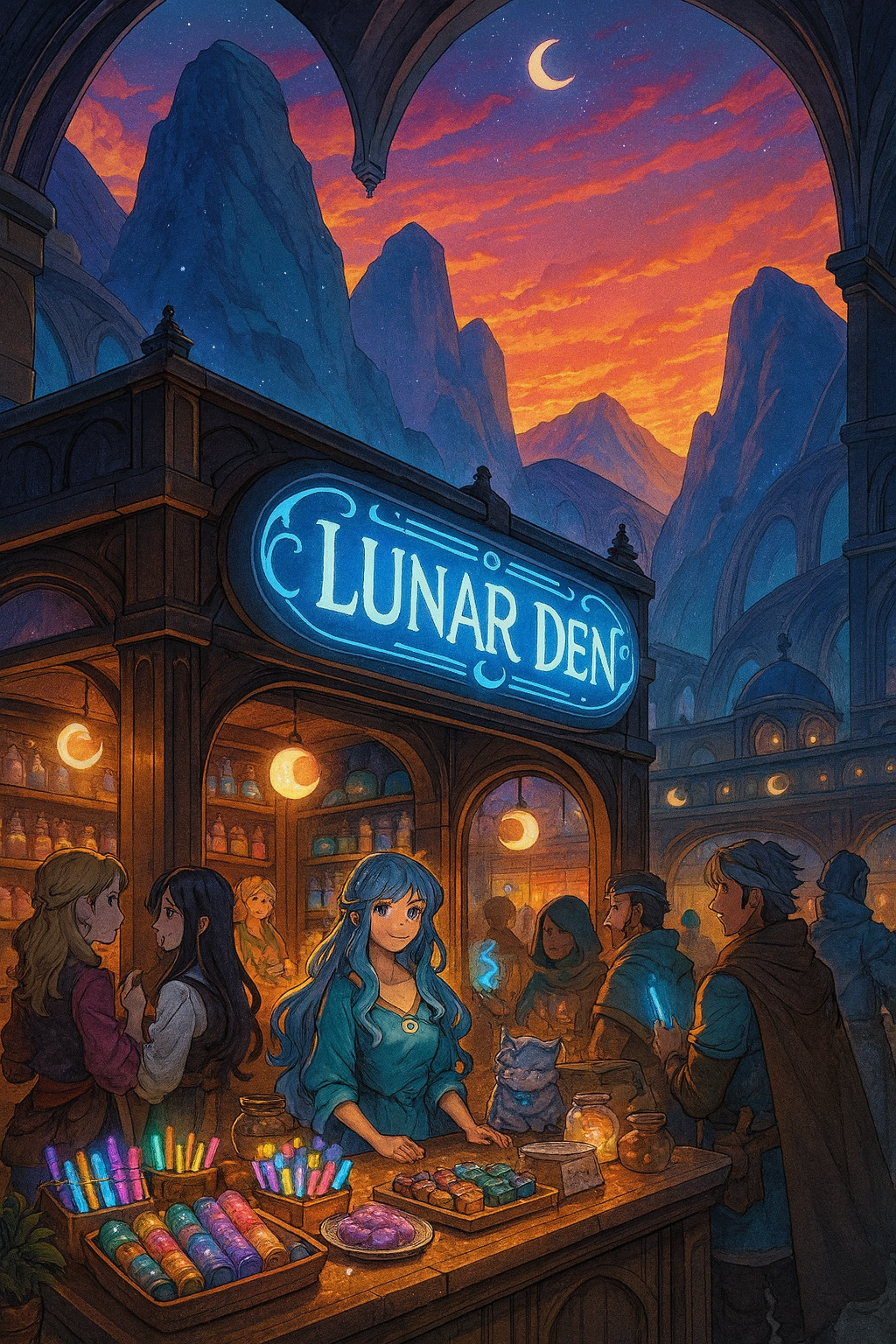 Cover art for 🌙Lunar Den: Tales from Moonspire Galleria✨ (đźŽ), a cozy fantasy scenario on AI Dungeon