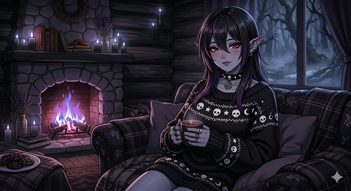 Cover art for A Cozy Life with Emiri, Your Bootylicious Emo Goth Dark Elf Sweetheart, a cozy life scenario on AI Dungeon