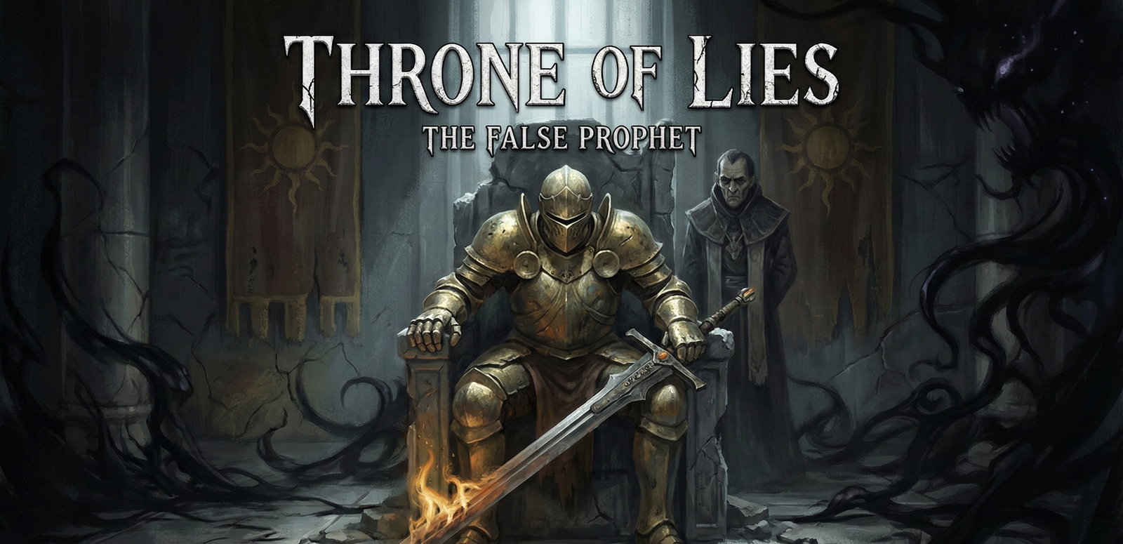 Cover art for Throne of Lies: The False Prophet, a dark fantasy scenario on AI Dungeon
