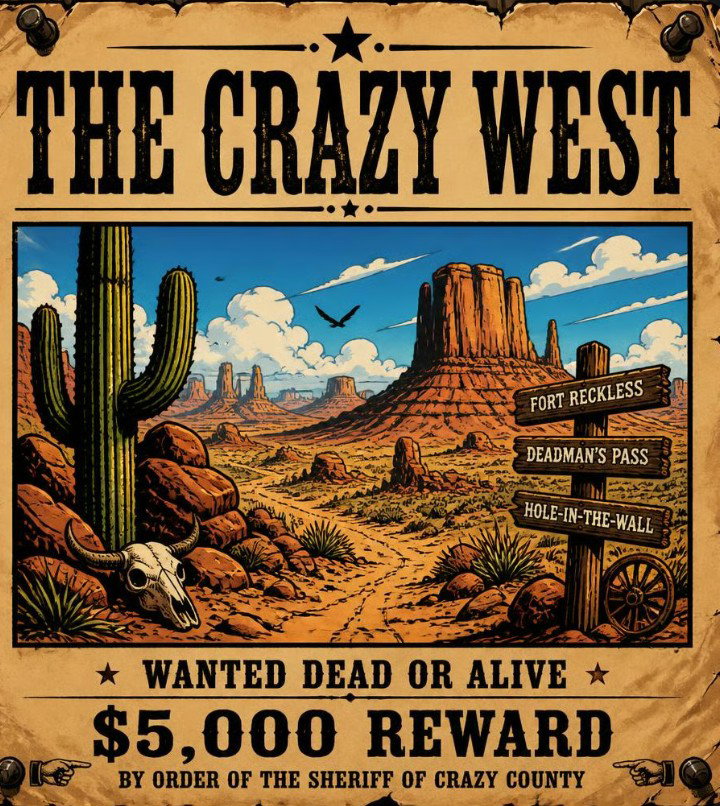Cover art for The Crazy wild west!, a cowboy scenario on AI Dungeon