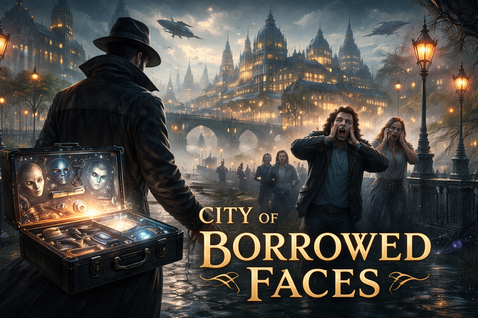 Cover art for City of Borrowed Faces (ISðŸŽ), a comedy scenario on AI Dungeon