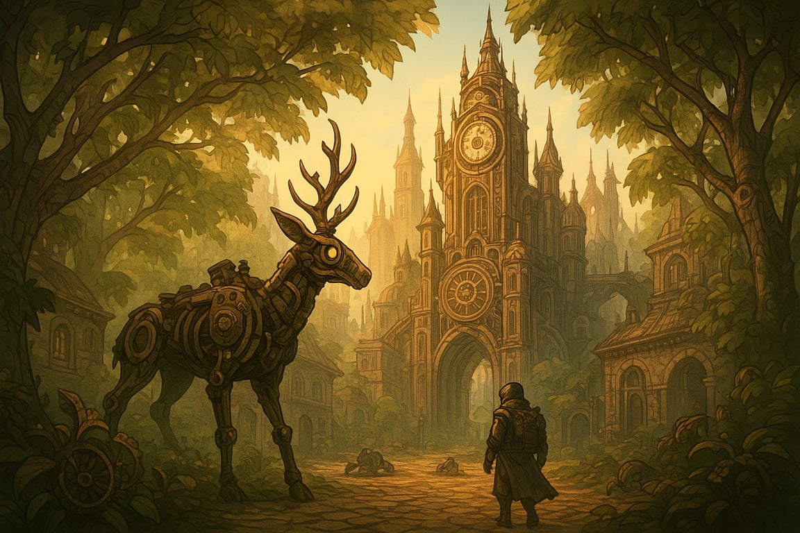 Cover art for The Cogborn of the Clockwork Wilds, a fantasy scenario on AI Dungeon