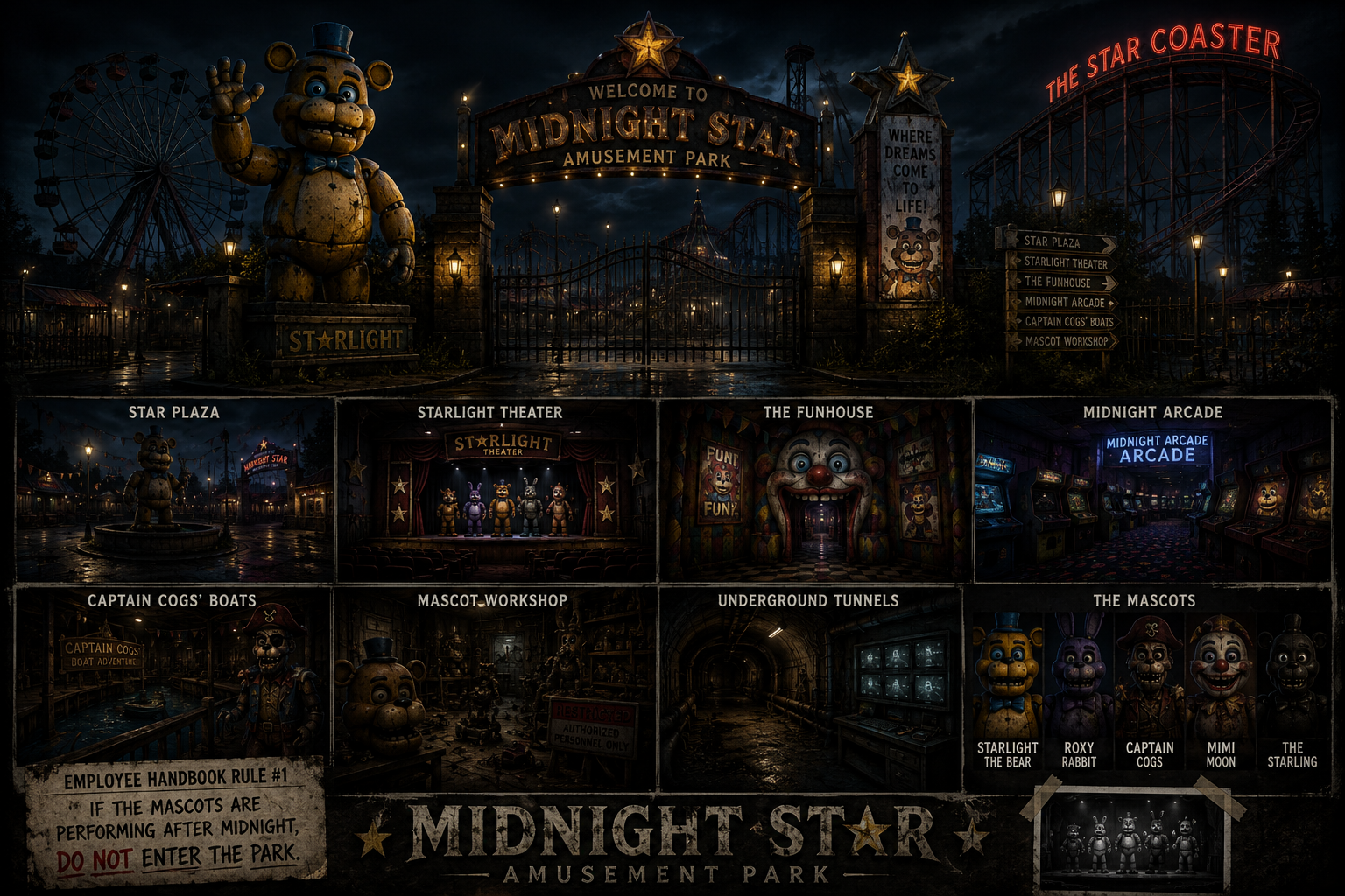 Cover art for Midnight Star Amusement Park, a fnaf scenario on AI Dungeon