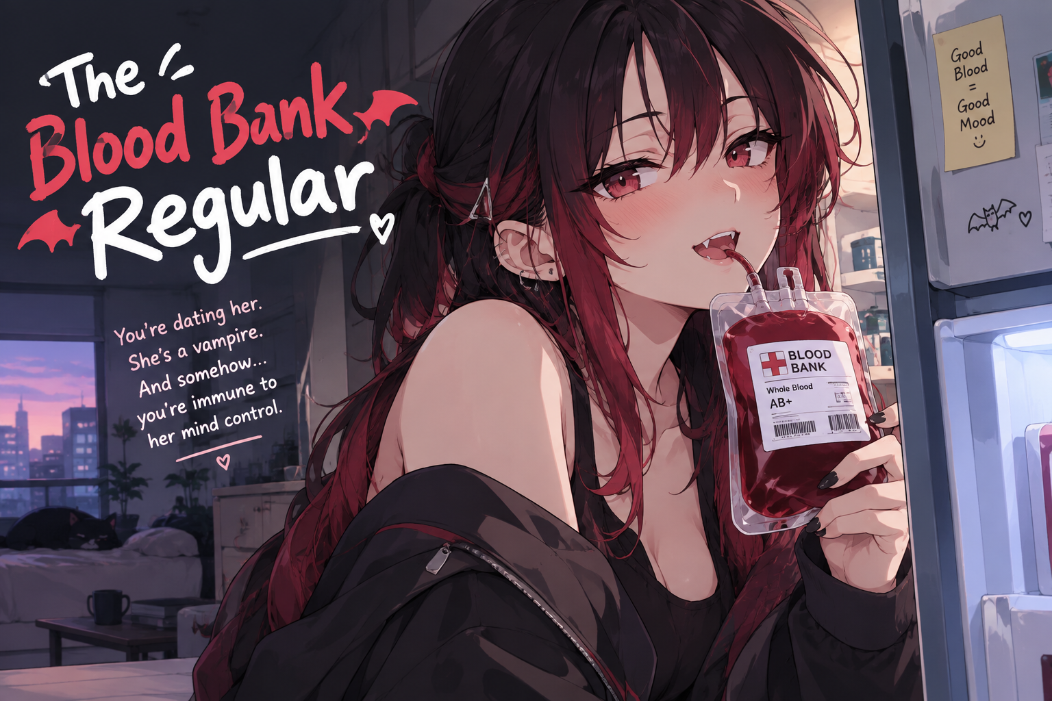 Cover art for The Blood Bank Regular, a romance scenario on AI Dungeon