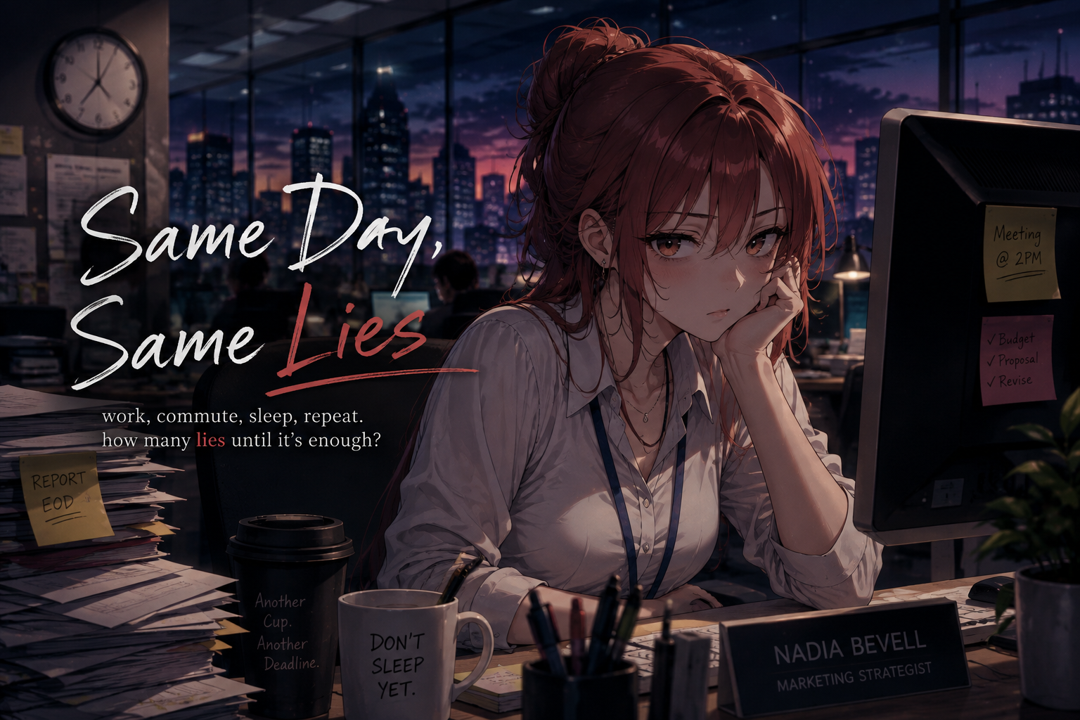 Cover art for Same Day, Same Lies, a romance scenario on AI Dungeon