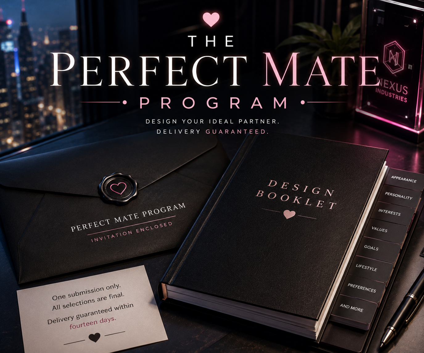 Cover art for The Perfect Mate Program, a romance scenario on AI Dungeon