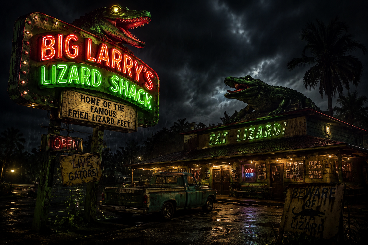 Cover art for Big Larry's Lizard Shack, a horror scenario on AI Dungeon