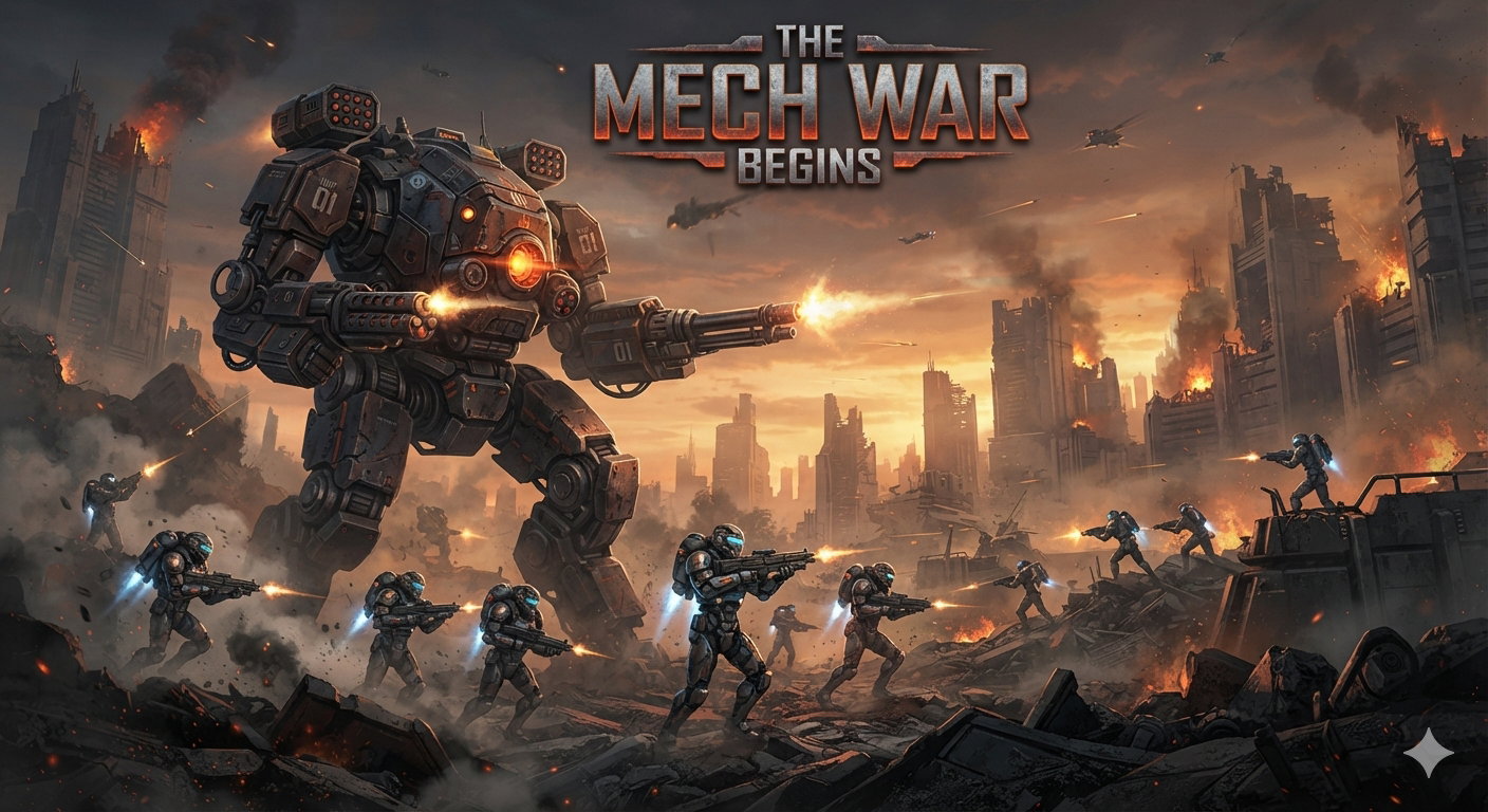 Cover art for The mech War begins!, a game master scenario on AI Dungeon