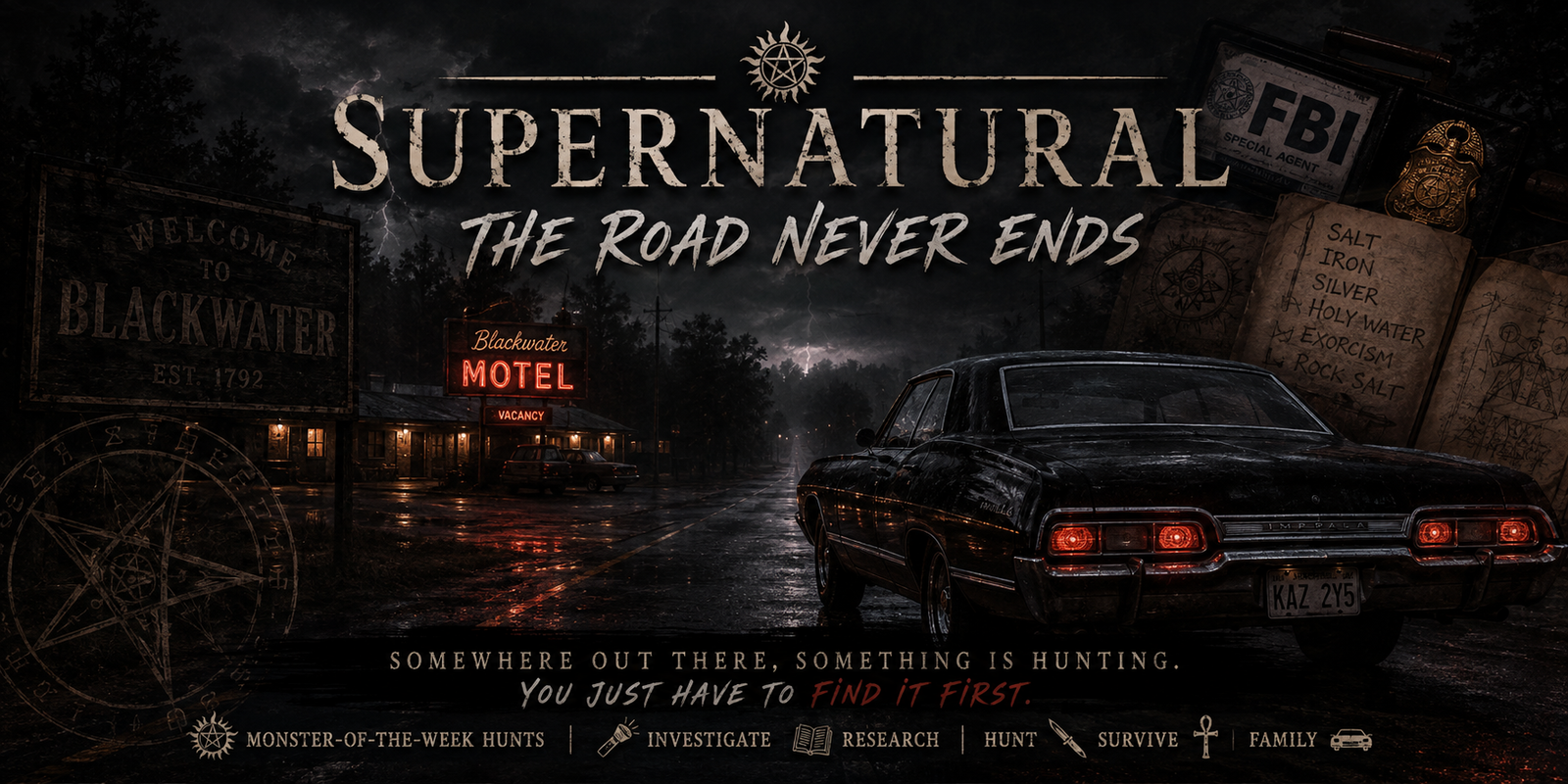 Cover art for Supernatural: The Road Never Ends, a supernatural scenario on AI Dungeon