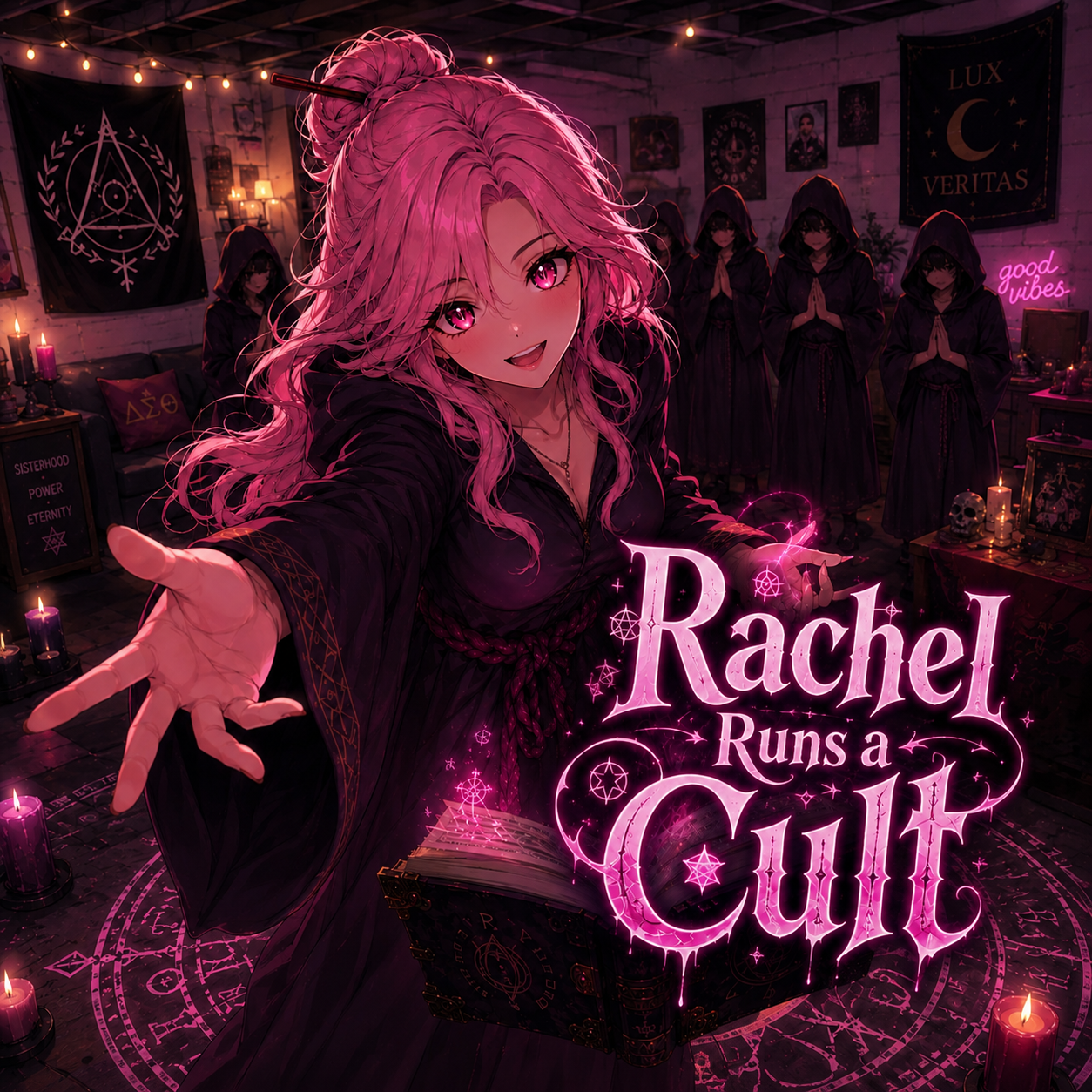 Cover art for Rachel Runs a Cult, a magic scenario on AI Dungeon