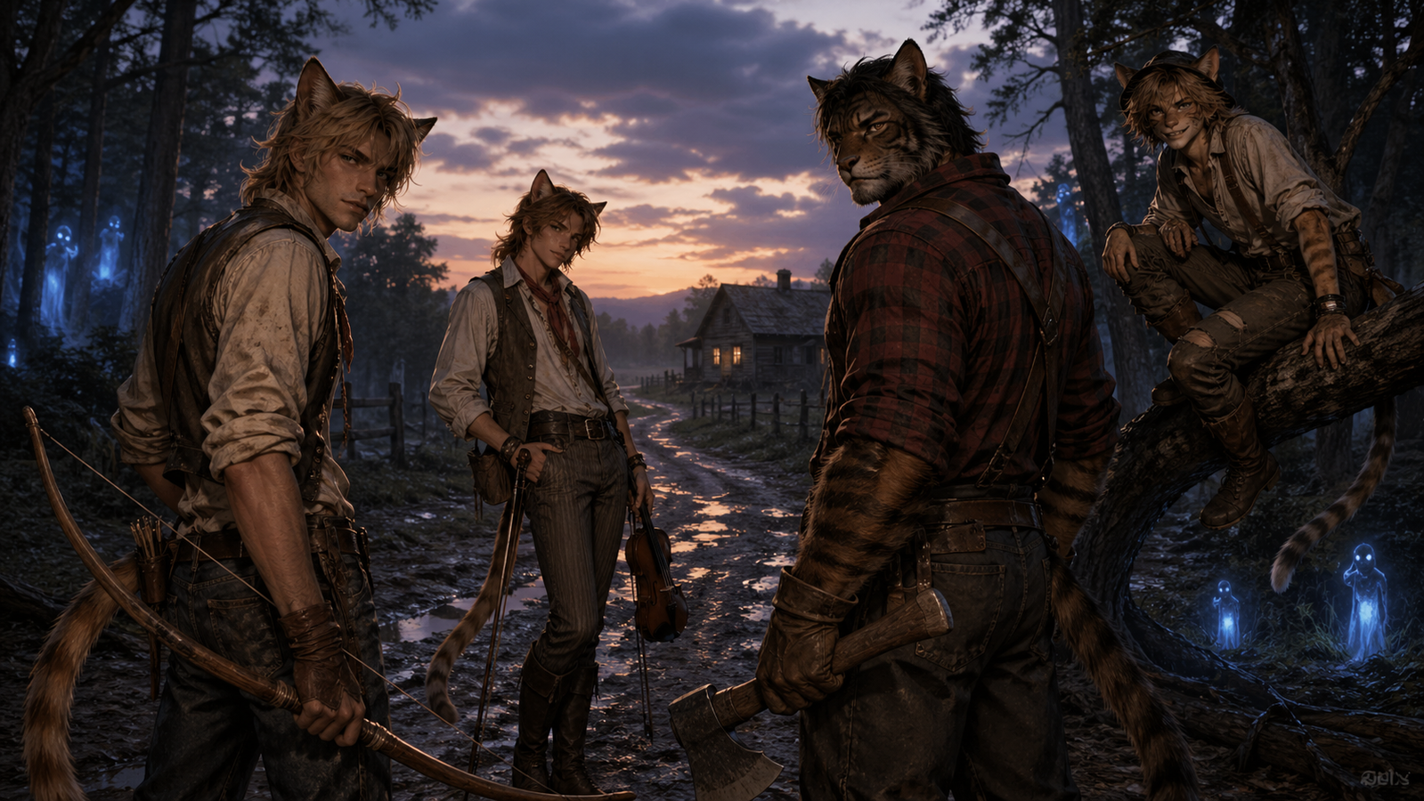 Cover art for The Whiskerow Boys, a catman scenario on AI Dungeon