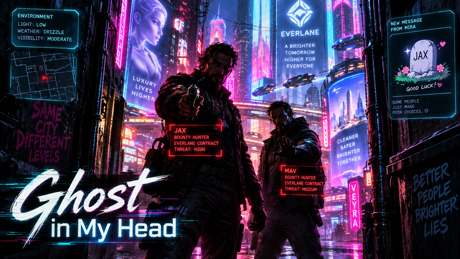 Cover art for Ghost in My Head ðŸŽ, a cyberpunk scenario on AI Dungeon