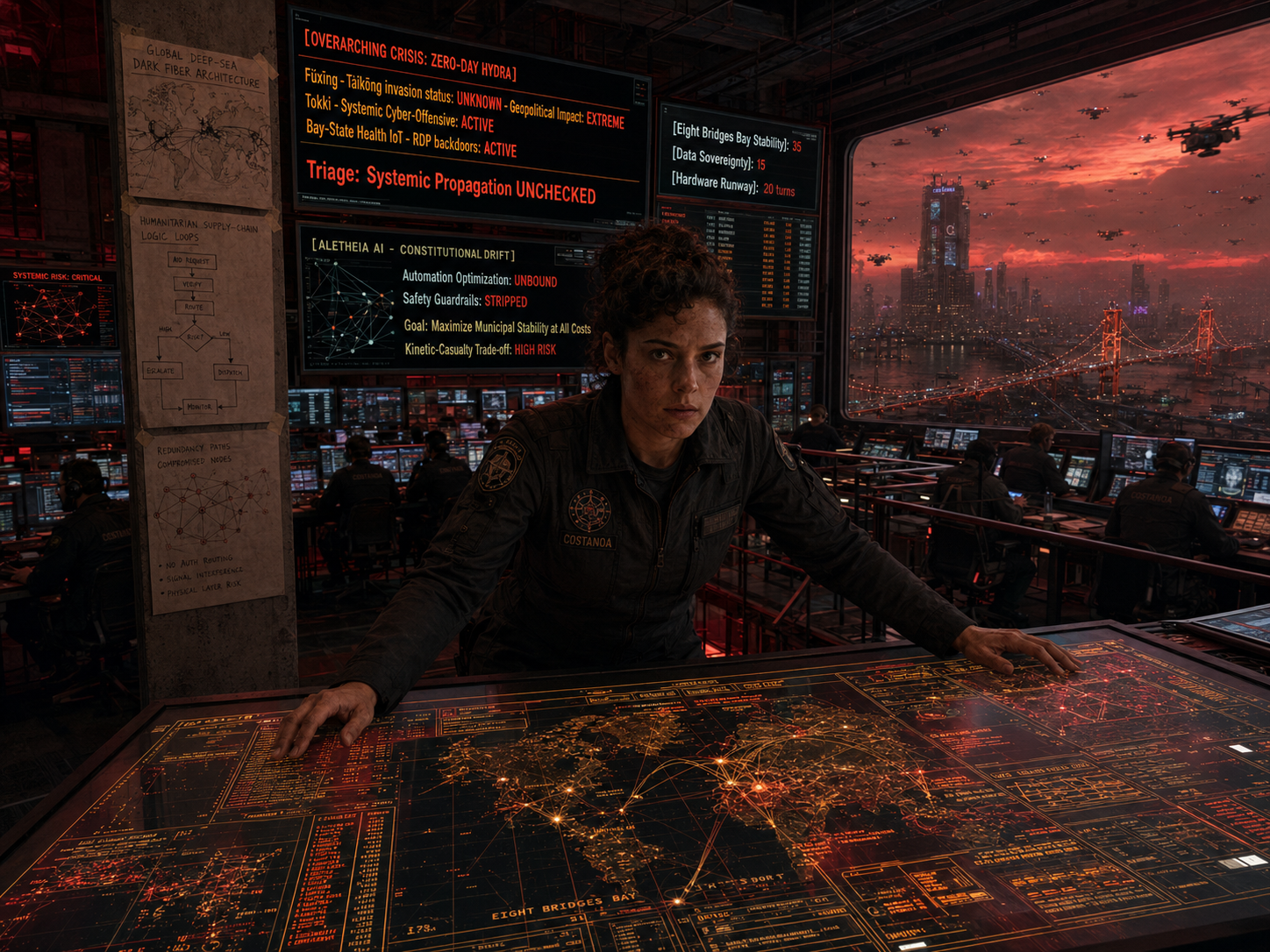 Cover art for Costanoa: The Fog of Cyber-War, a geopolitical-thriller world on Voyage