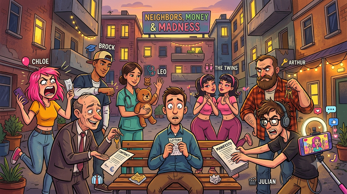 Cover art for The Courtyard Jackpot: Neighbors, Money & Madness, a satire scenario on AI Dungeon