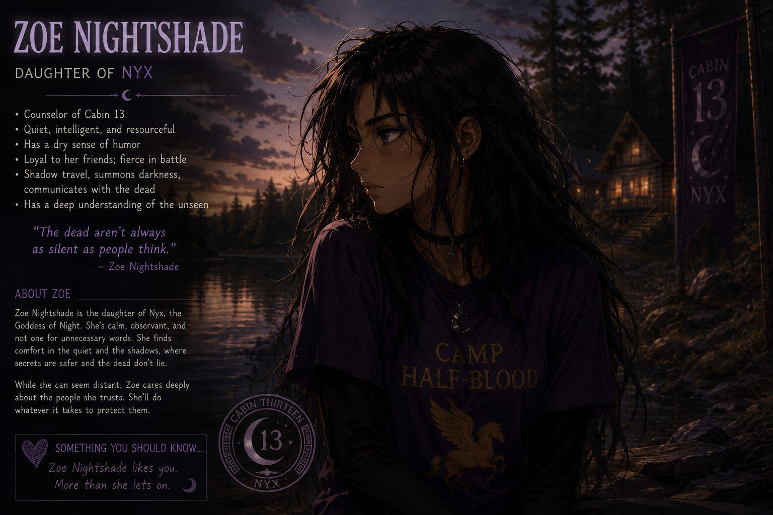 Cover art for Zoë Nightshade: Longing for you, a camp halfblood scenario on AI Dungeon