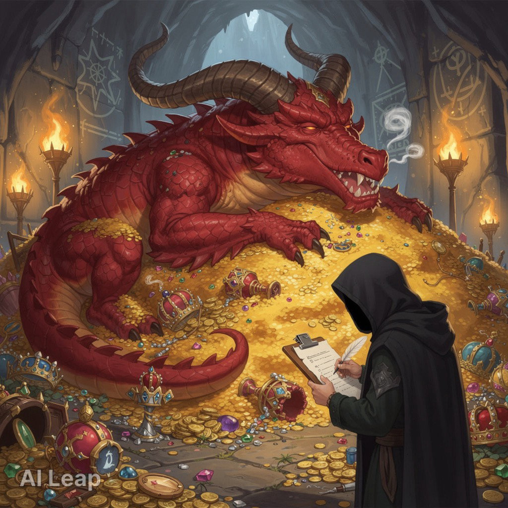 Cover art for The Dragon’s Accountant, a dragon scenario on AI Dungeon