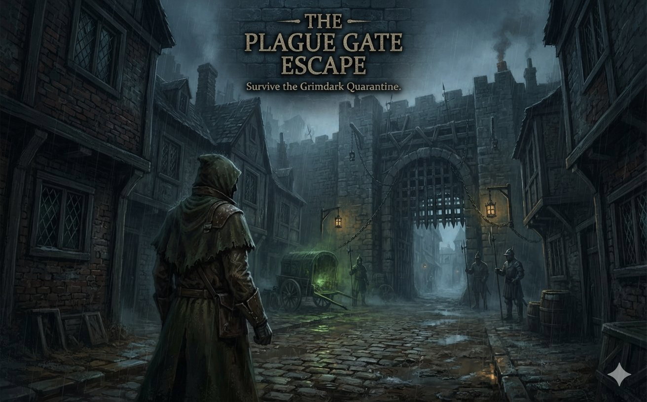 Cover art for The Plague Gate Escape, a dark fantasy scenario on AI Dungeon