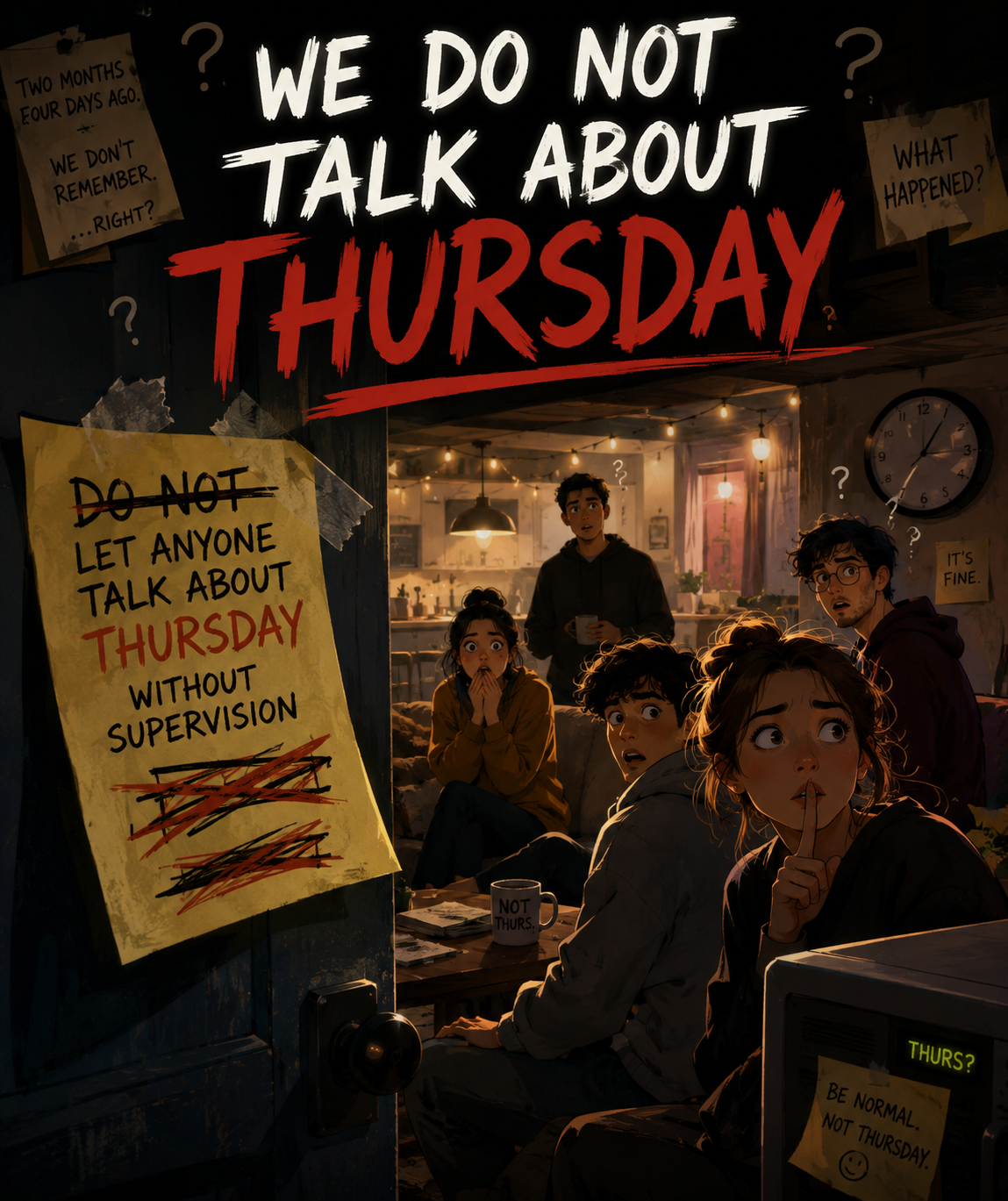 Cover art for We Don't Talk About Thursday, a comedy scenario on AI Dungeon