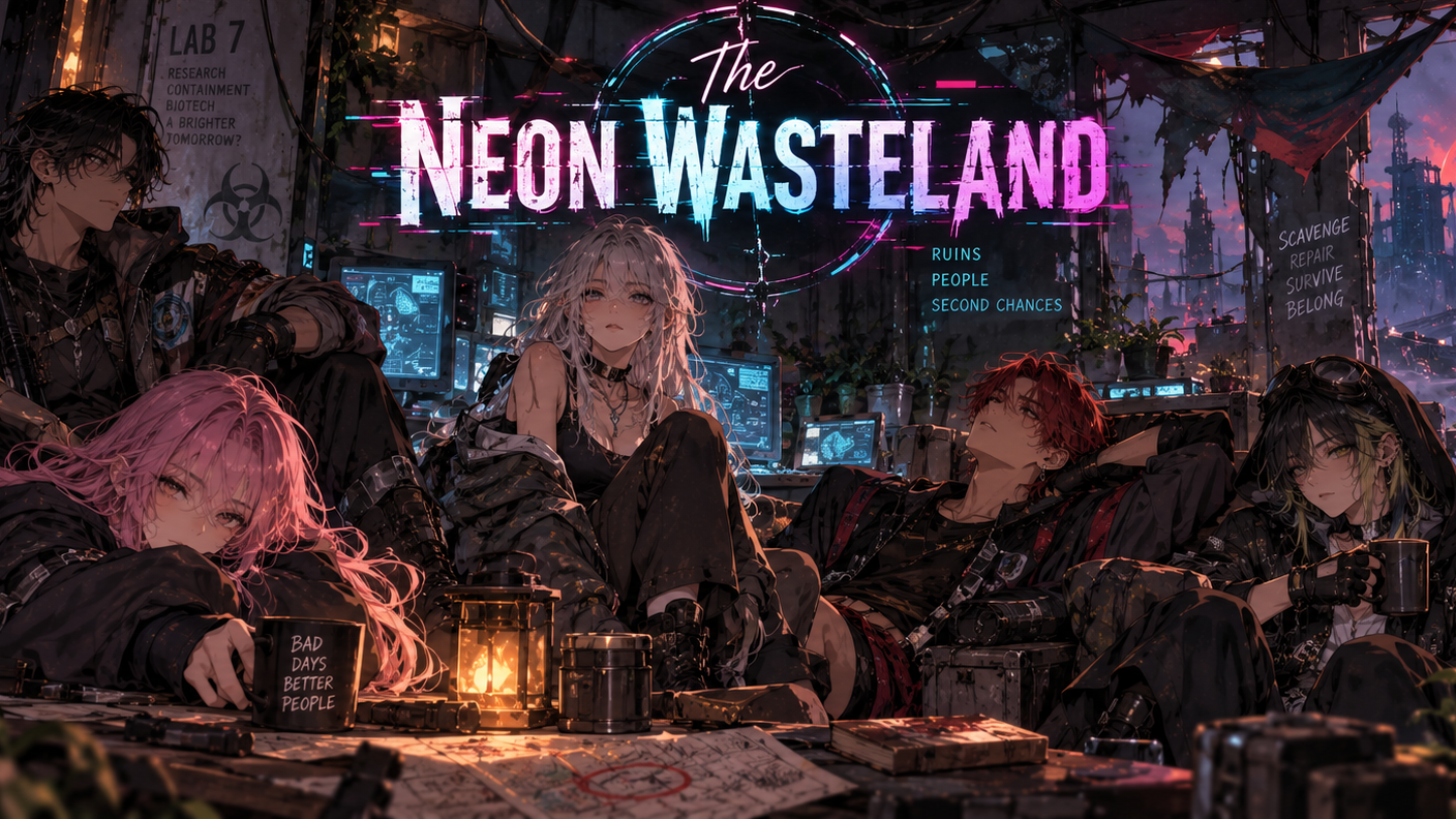 Cover art for The Neon Wasteland , a cyberpunk scenario on AI Dungeon