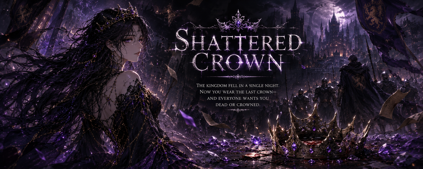 Cover art for The Ashen Crown, a political intrigue world on Voyage