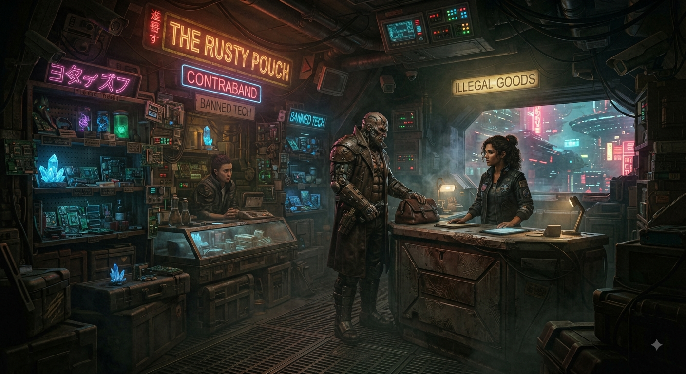 Cover art for Space Contraband shop-Maybe Illegal , a sci fi scenario on AI Dungeon
