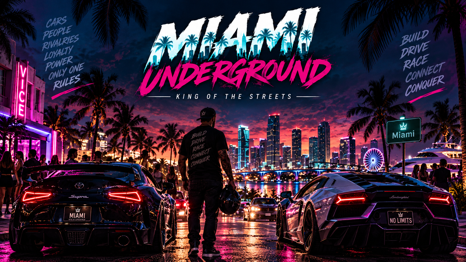Cover art for MIAMI UNDERGROUND: KING OF THE STREETS, a racing scenario on AI Dungeon