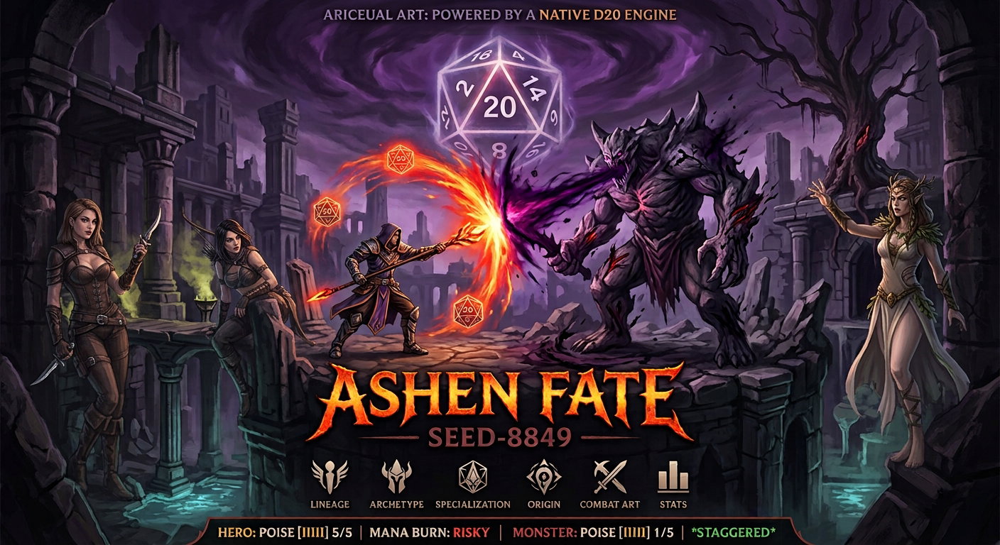 Cover art for Ashen Fate: Endless Worlds, a dark fantasy world on Voyage