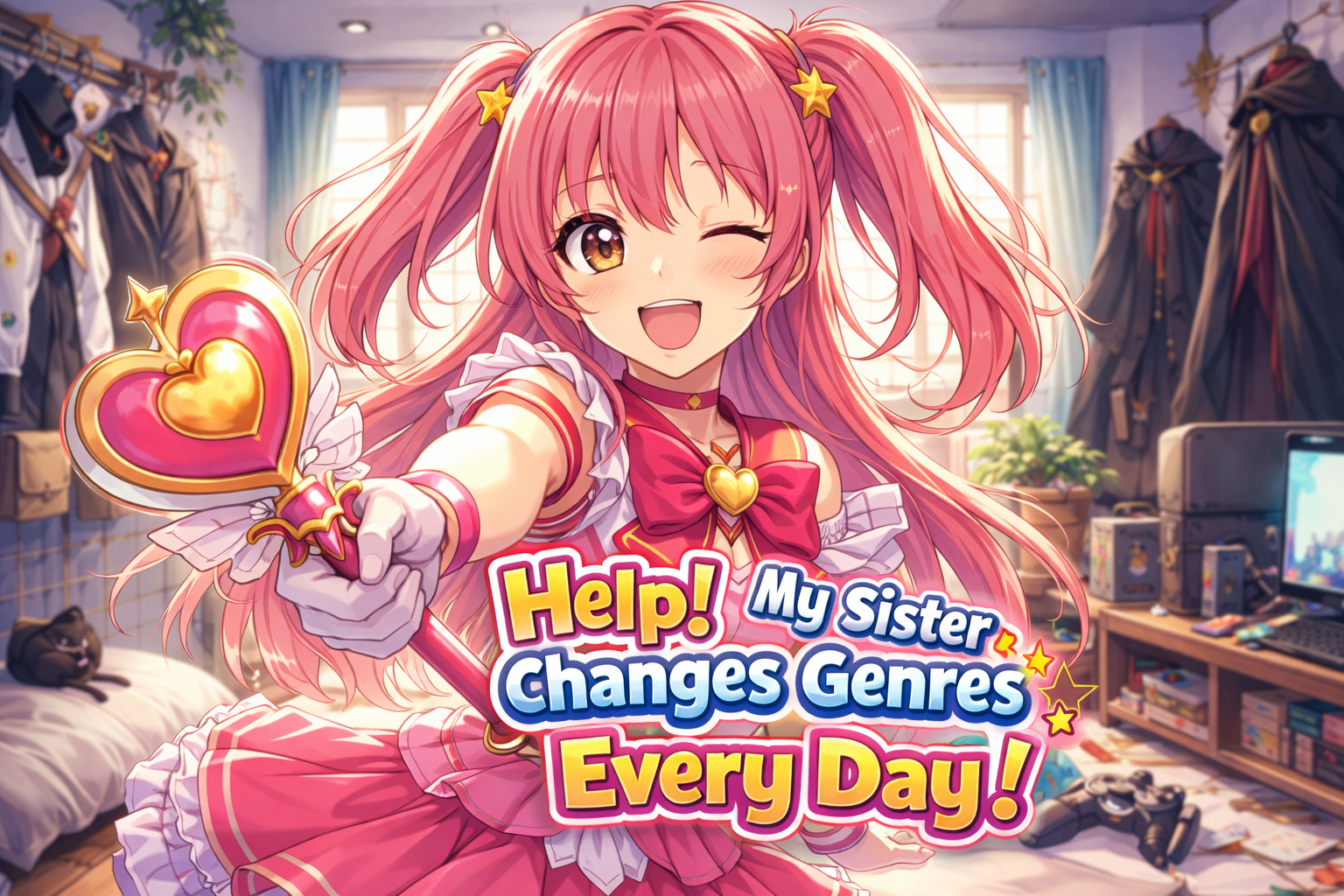 Cover art for Help! My Sister Changes Genres Every Day!, an anime scenario on AI Dungeon