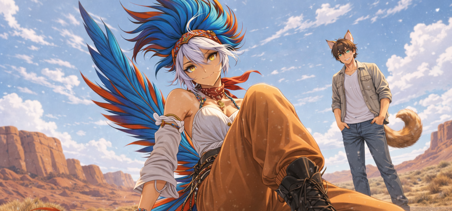 Cover art for Asha & Cade (Roadrunner Crossing), a beastkin scenario on AI Dungeon