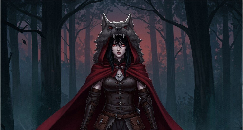 Cover art for Dahlia Wilder (Red Riding Huntress), a fairytale scenario on AI Dungeon