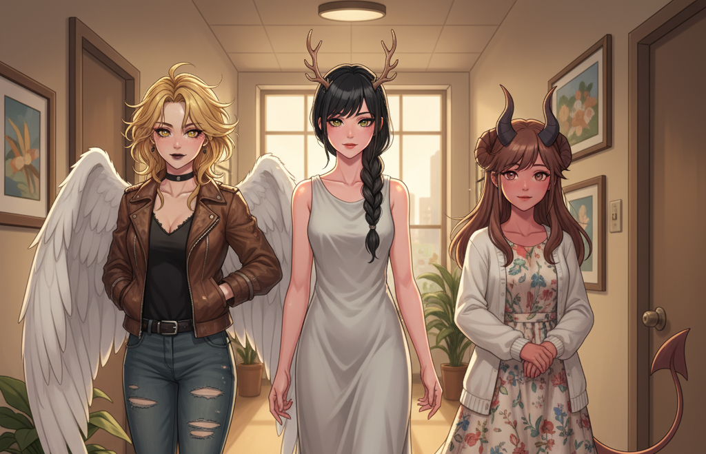 Cover art for Sera, Ari, & Mel (The ____ Next Door), an angel scenario on AI Dungeon