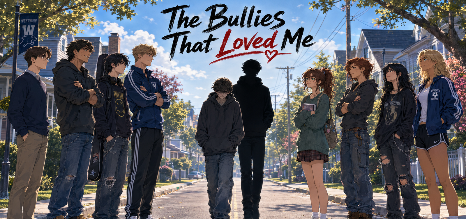 Cover art for Shared Hearts (The Bullies That Loved Me), a polycule scenario on AI Dungeon