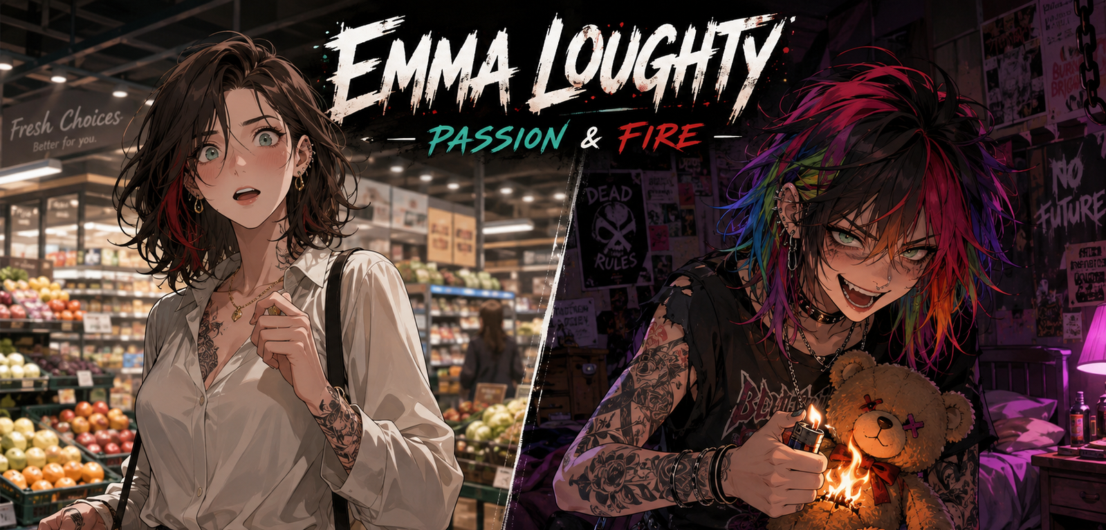 Cover art for Emma Loughty (Passion & Fire), a punk scenario on AI Dungeon